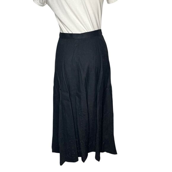 LAUREN RALPH LAUREN Black Midi Skirt Linen Blend Full Skirt Eyelet Womens Size 8 - Picture 2 of 9